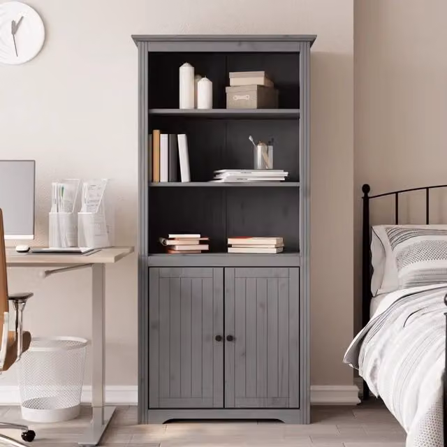 Libreria vidaXL in legno massello di pino grigio con pannello posteriore L: 82 cm, P: 40 cm, H: 173 cm – 1