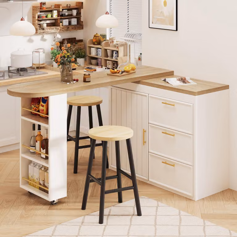 Tavolo da bar Flieks con rotazione a 360°, tavolo alto versatile con ripiani regolabili e sistema antiribaltamento, tavolo da pranzo 128-203 x 39 x 90 cm, bianco