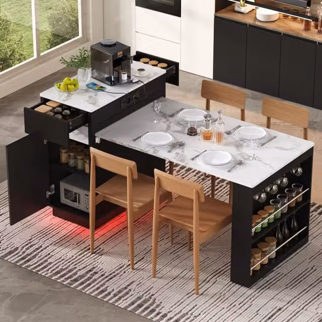 Carrello da cucina con piano estraibile, 4 cassetti, ganci, LED e ricarica USB per cucina e sala da pranzo, nero