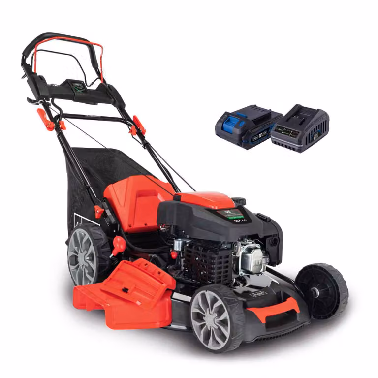 Rasaerba a benzina Scheppach MS225-56E con batteria da 2Ah + caricabatterie da 2,4A - E-start | trazione a ruote | 6 CV | larghezza di taglio 56 cm | cesto d'erba da 65 litri