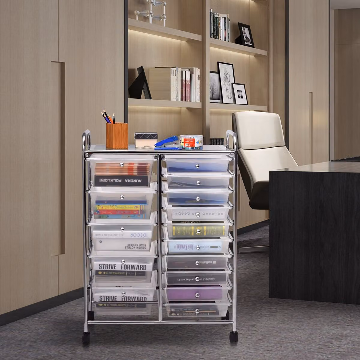 Carrello cassettiera multiuso Costway con 15 cassetti in plastica trasparente e ruote
