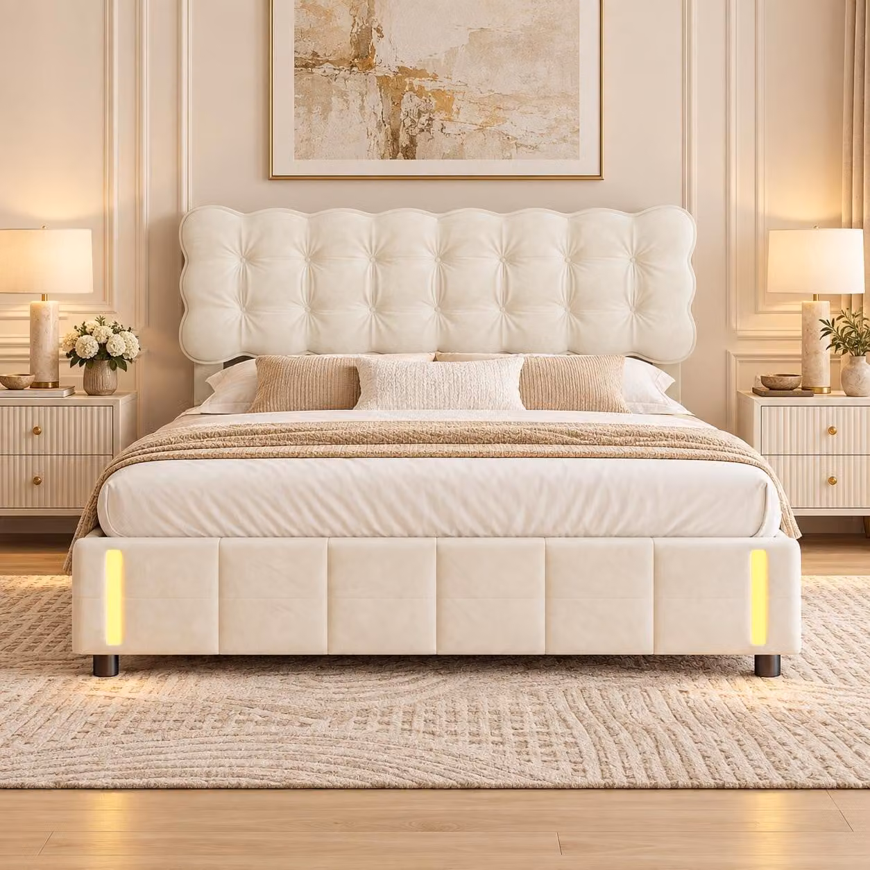 Letto imbottito idraulico INONEFT, 160x200 cm, con spazio contenitore, letto per ragazzi con luce a induzione, struttura del letto con rete a doghe, velluto, beige