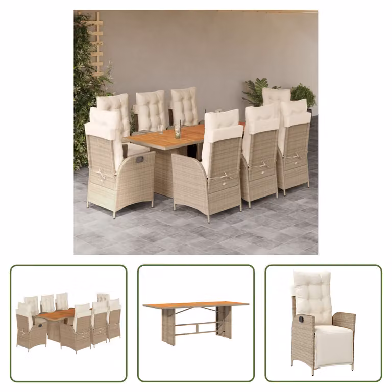 The Living Store Set da pranzo da giardino 9 pezzi con cuscini Beige poly rattan