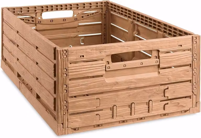Contenitore pieghevole con chiusura a scatto, decorazione effetto legno | Altezza x Larghezza x Profondità: 21,8 x 40 x 60 cm | Marrone | 44,8 litri | Contenitore, scatola pieghevole, contenitore per il trasporto, cassa per frutta, cassa per verdura
