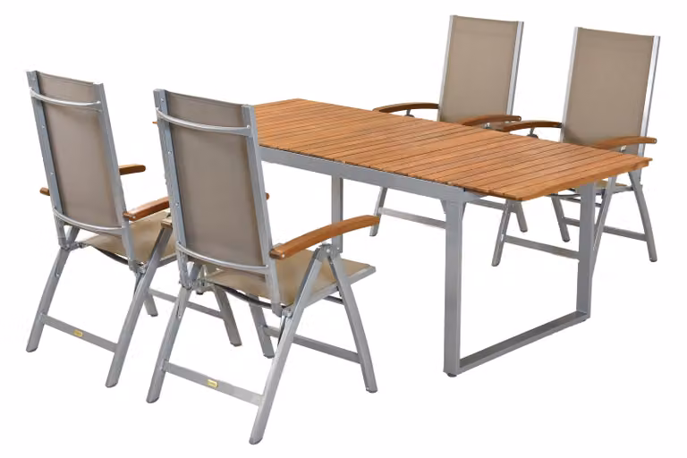 Set di mobili da giardino Merxx 5 pezzi Naxos - 4 poltrone, 1 tavolo - Colore: argento/grigio/marrone - Dimensioni: Poltrona: 65x58,5x110,5 Tavolo: 150/200x90x74; 4x 22005-219 + 1x 22004-219