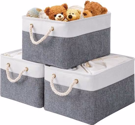 Cestino portaoggetti imbottito - Grande 40 x 30 x 26 cm - Asciugamani e indumenti - Grigio/Bianco - Set da 3 pezzi