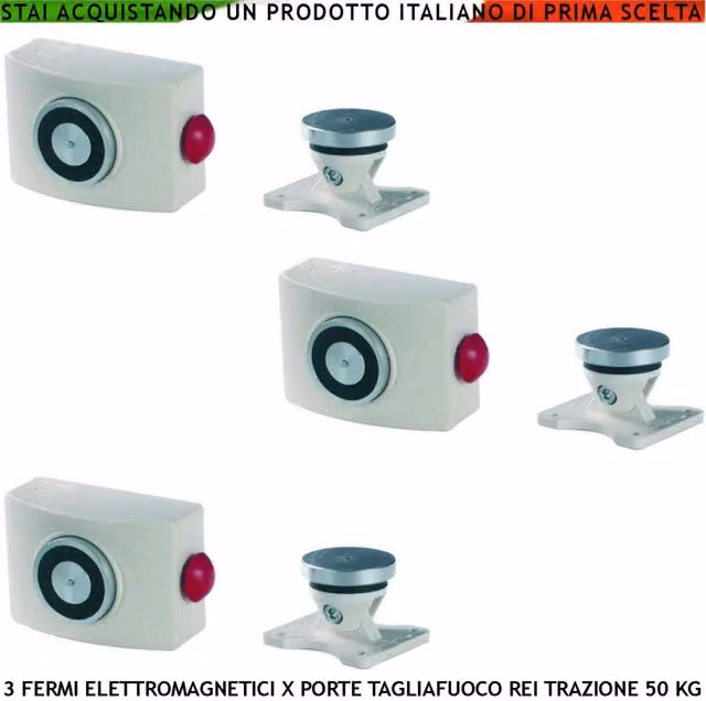 Set di 3 elettromagneti bianchi Securvera per blocco porte tagliafuoco REI, forza di trazione 50 kg, alimentazione 22/28 VCC, montaggio a parete