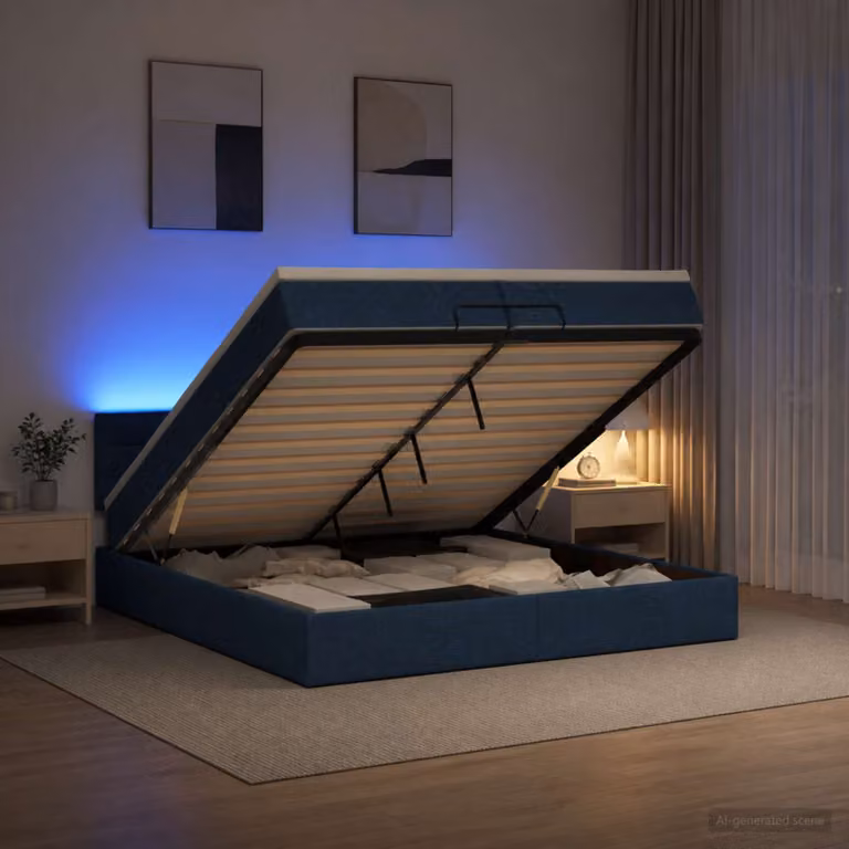 Letto Ottomano con Materasso e LED vidaXL, Colore Blu e Bianco, L/P/H: 200 x 200 x 88 cm