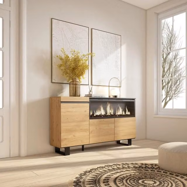 Credenza, Mobile, 158x35x87cm, 3 Porte, Camino elettrico XXL, Design industriale, colore Rovere RF3293