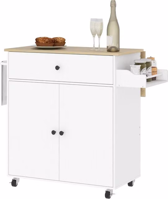 Isola per cucina moderna con cassetto, armadietto, portaspezie e portasciugamani, Bianco e Rovere, L: 106 cm, P: 42 cm, H: 87 cm