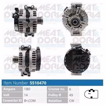 MEAT & DORIA 5510470 Alternatore LiMa 180 A 14 V per BMW Serie 3 Station Wagon (E91), Serie 3 Berlina (E90), Serie 1 Hatchback (E87), Serie 5 Berlina (E60), Serie 5 Station Wagon e X3