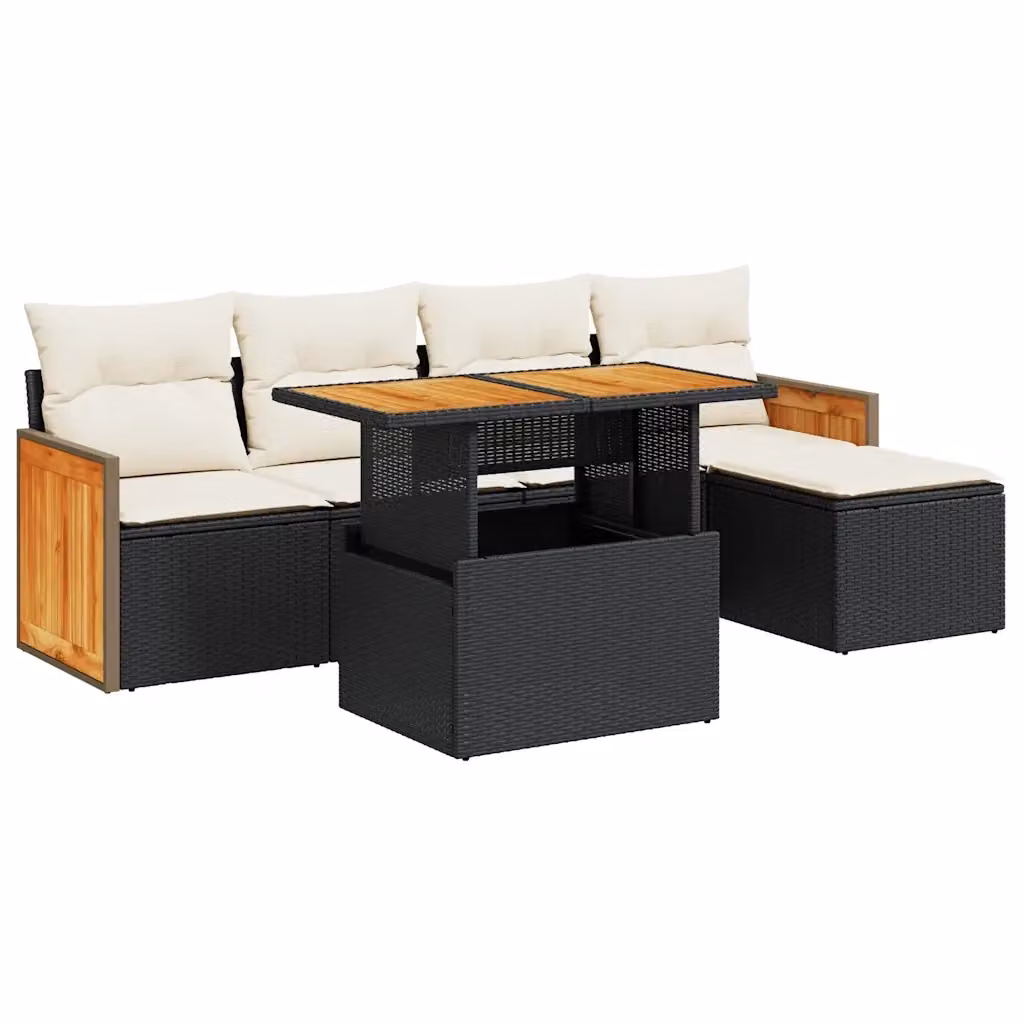 Set Divano da Giardino a L con 6 Pezzi vidaXL in Polyrattan e Legno di Acacia Nero e Bianco con Cuscini e Tavolino da Caffè – 2