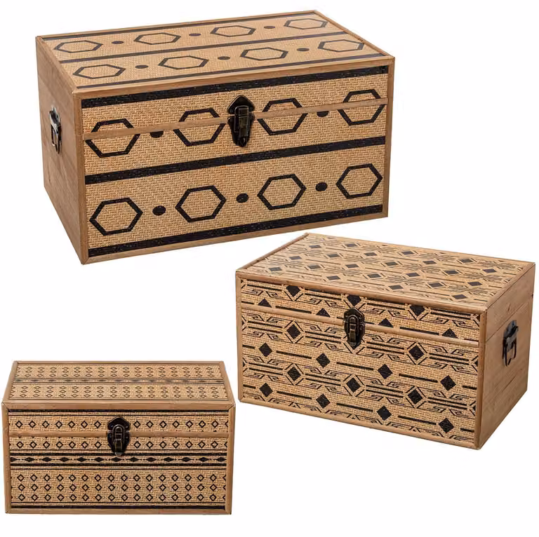 Set di 3 contenitori in legno/ecopelle, aspetto simile al vimini, dimensioni 56x34x30 cm