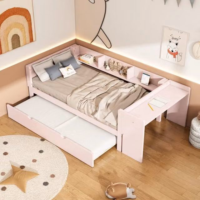 Letto per bambini 90 × 200 cm 2 posti con secondo letto estraibile, scrivania e 3 mensole, senza materasso, rosa