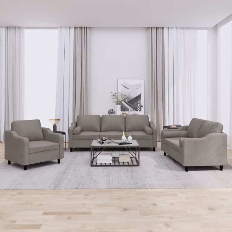 Set di Divani 3 Pezzi vidaXL in Tessuto Beige e Grigio con Cuscini per Soggiorno Moderno