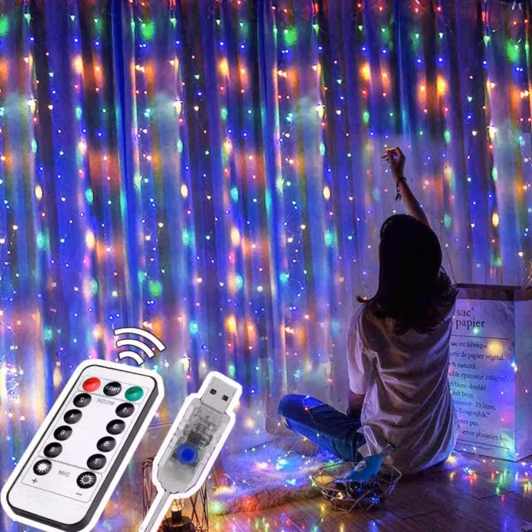 Luci a tenda, dimensioni 3x3 metri, 300 LED, multicolore, impermeabili, con telecomando