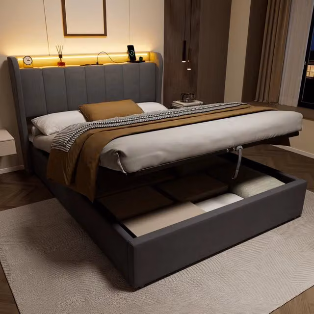 Letto contenitore matrimoniale moderno in tessuto grigio con illuminazione LED e porta di ricarica USB L/P/H: 140 x 190 x 111 cm