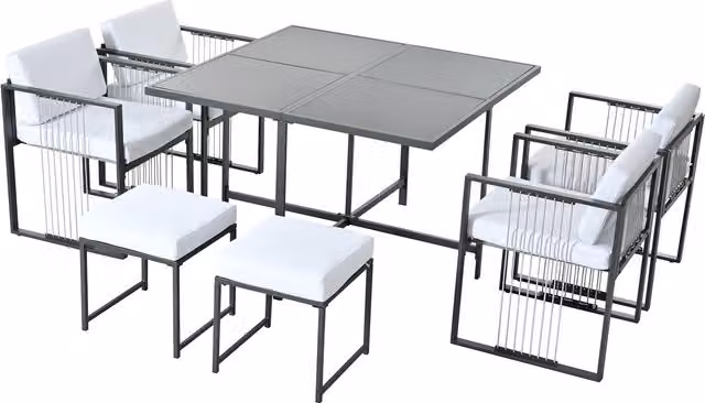 Set da pranzo da giardino GL Store per 6 persone con tavolo in vetro temperato e 7 pezzi in Nero e Bianco