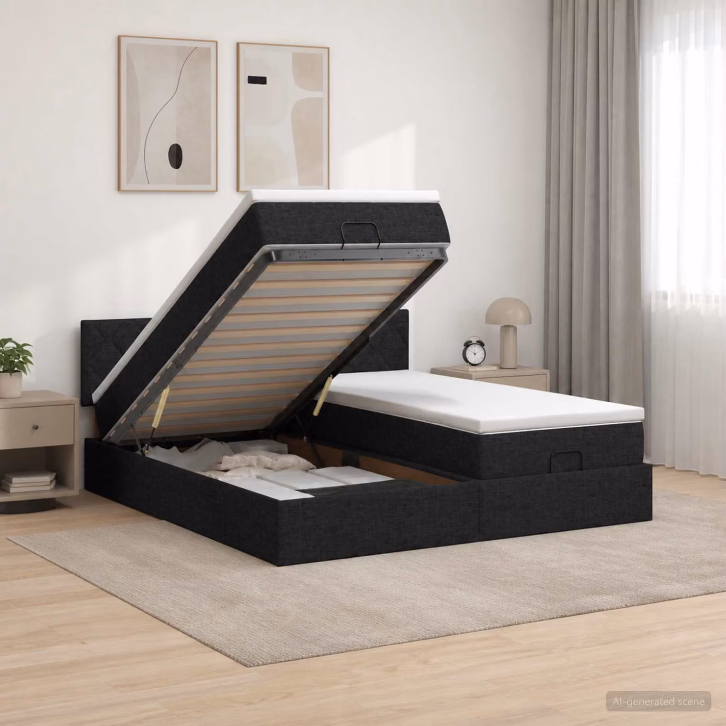 Letto ottomano con materasso e testiera vidaXL in tessuto nero e bianco, L/P/H: 180 x 200 x 88 cm