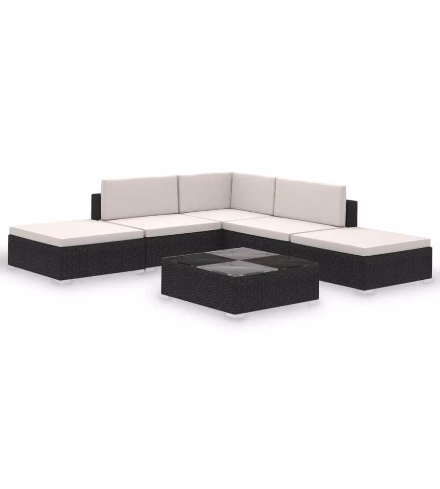 Set di divani da giardino vidaXL in polyrattan nero con cuscini, tavolino e pouf, 6 pezzi – 2