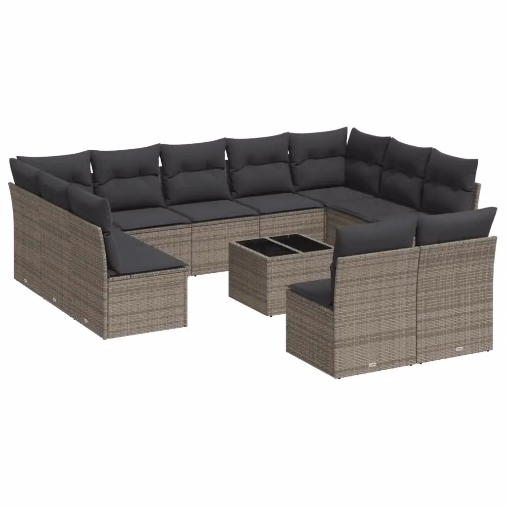 vidaXL Set Divani da Giardino a Forma di U in Polyrattan Grigio con Cuscini e Tavolino da Caffè – 2