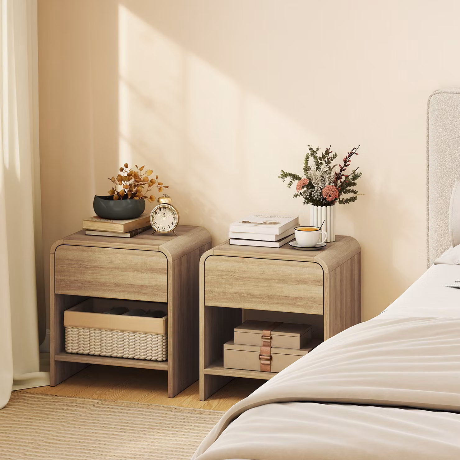Set di 2 Comodini HOMCOM in Stile Nordico con Angoli Arrotondati, Cassetto e Ripiano Aperto, Colore Naturale, L 40 cm x P 35 cm x H 45 cm – 2