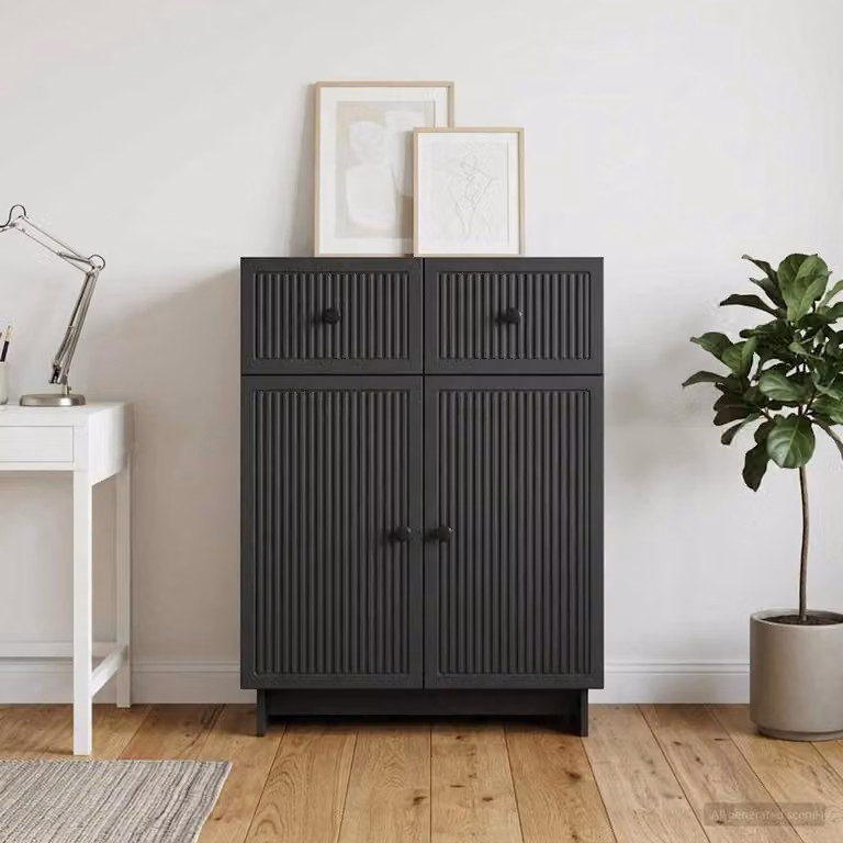Credenza moderna vidaXL in legno ingegnerizzato e metallo, Nero opaco, L: 66 cm, P: 34,5 cm, H: 90 cm