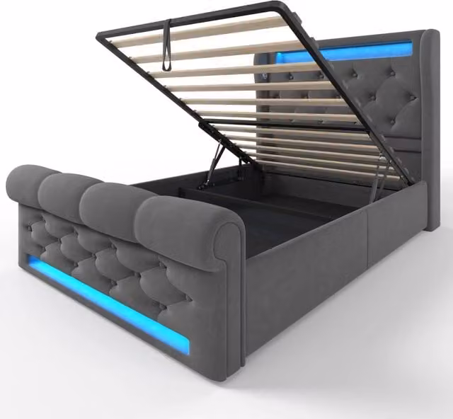 Letto Singolo Imbottito Grigio 90x200 cm con LED, Porta USB e Tipo-C, Contenitore Idrraulico in Velluto (Senza Materasso)