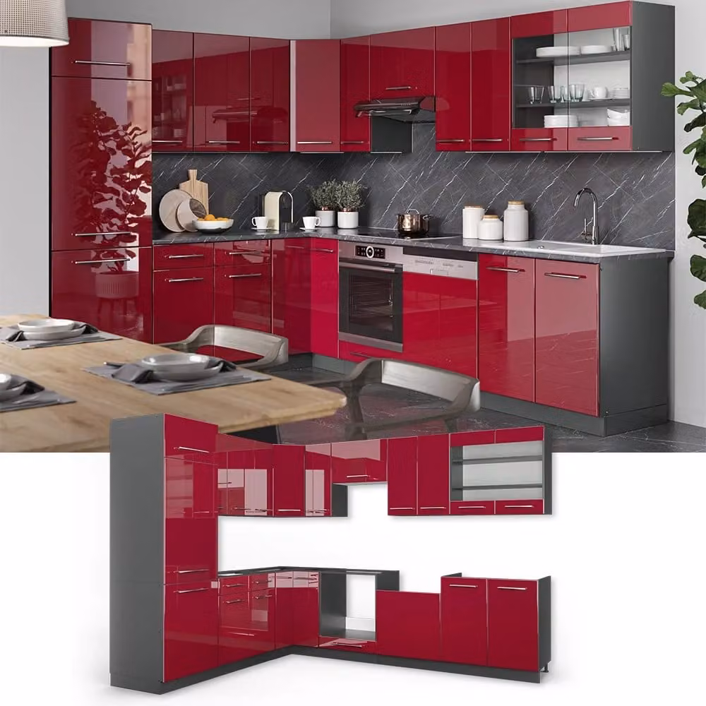 Cucina angolare moderna Vicco Fame-Line bordeaux lucido e antracite senza piano di lavoro L: 287 cm, P: 227 cm – 2