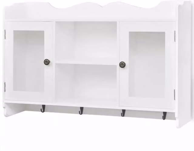 Scaffale a parete con ante in vetro e ripiani interni in MDF laccato bianco per soggiorno