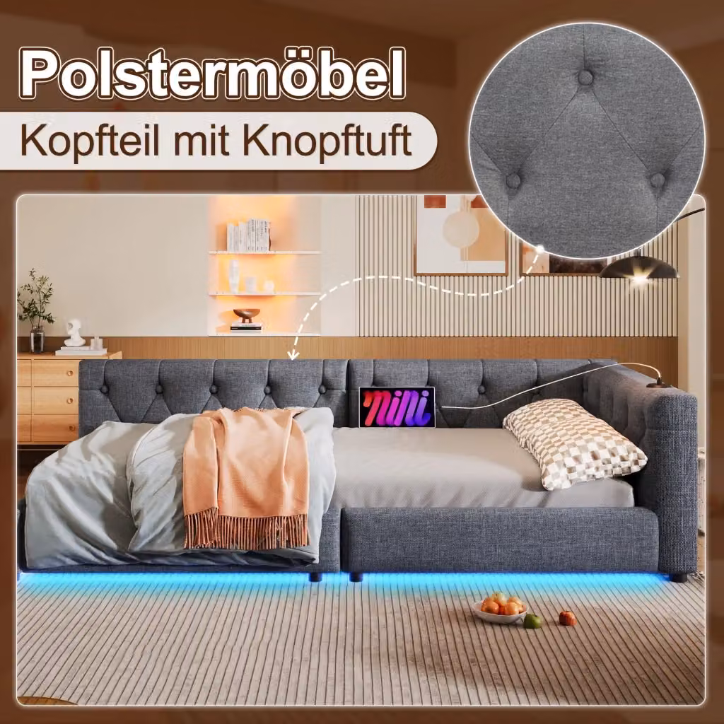 Daybed moderno in lino grigio con illuminazione LED sotto il letto, porta di ricarica USB-C e testiera, L/P: 90 x 200 cm – 2
