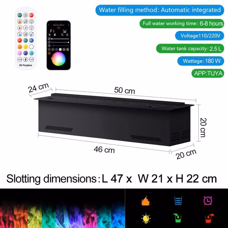 Camino elettrico con effetto 3D, resistente all'acqua, dotato di fiamme LED e controllabile tramite app, ideale per interni