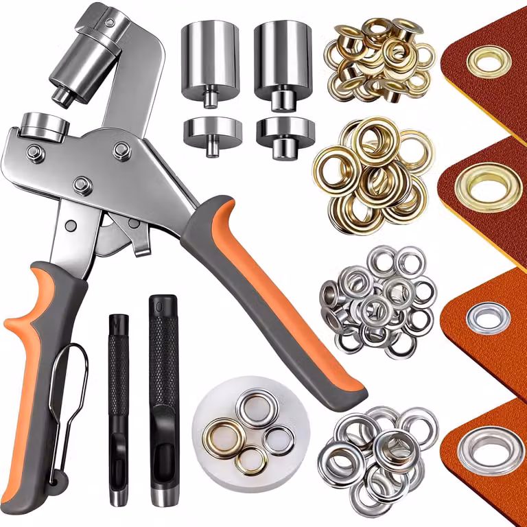 500 occhielli metallici, con punzoni per fori da 1/4" e 3/8", ideali per la lavorazione del cuoio