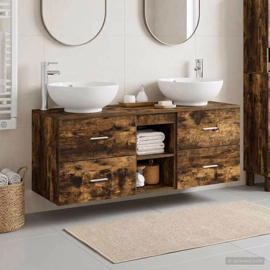 Set di mobili per il bagno moderno vidaXL in 3 pezzi color rovere e argento, L/P/H: 129 x 44,5 x 80 cm