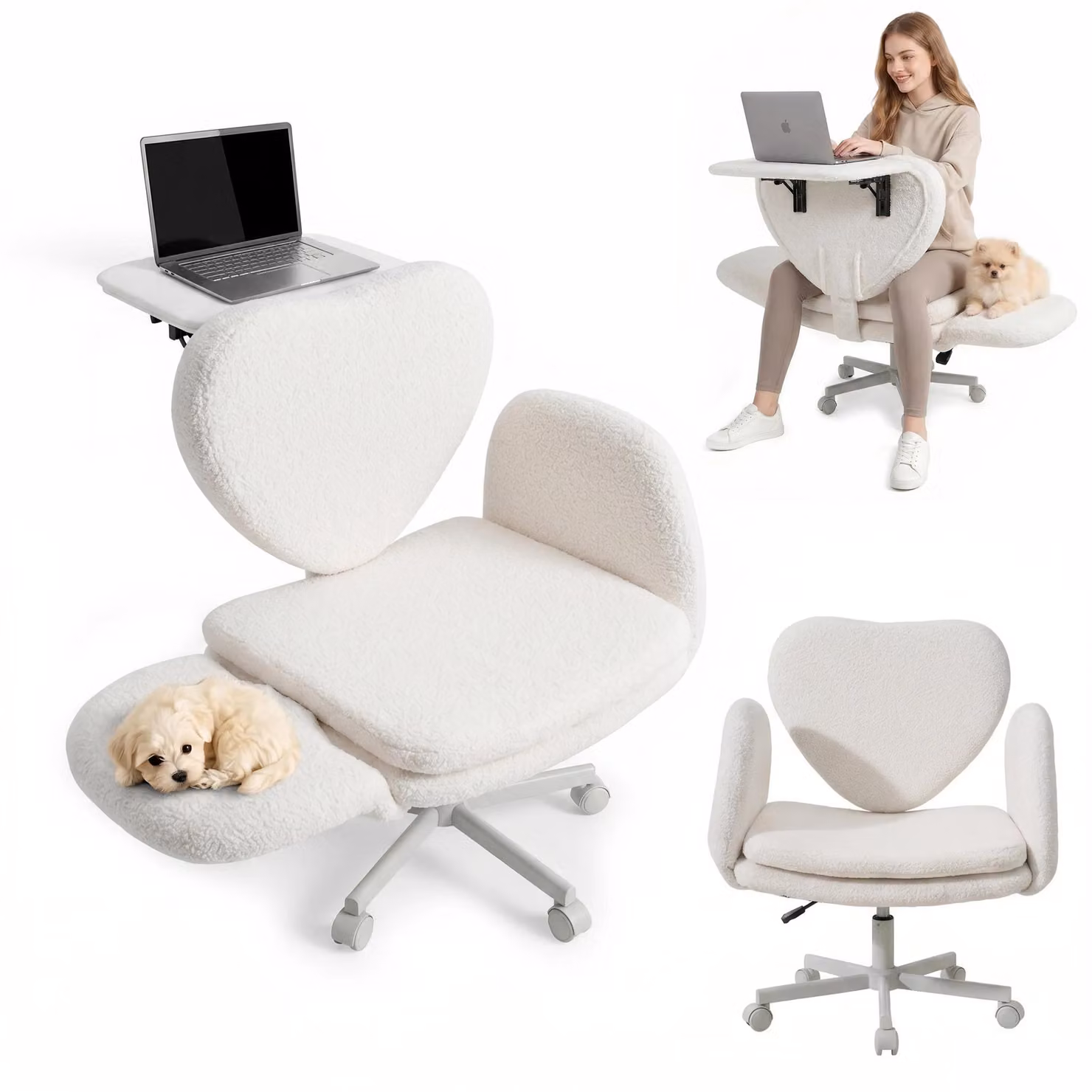 Sedia da scrivania con tavolino integrato - Sedia da ufficio - Seduta ampia per posizione a gambe incrociate - Braccioli regolabili in 5 posizioni - Regolabile in altezza, ergonomica - Rotella e base girevole - Rivestimento in pile bianco