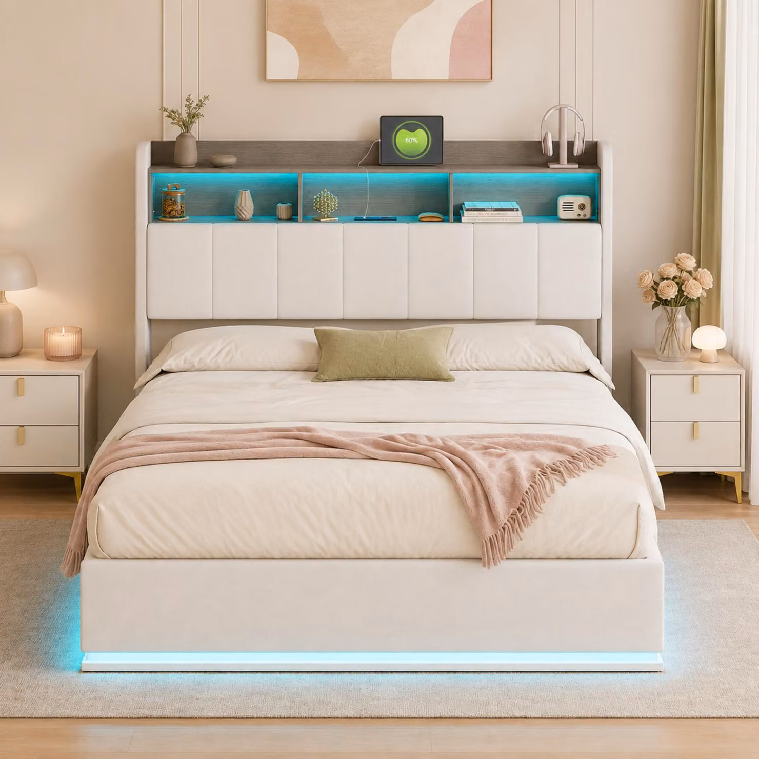 Letto imbottito INONEFT 140x190 cm con LED e porta USB di tipo C, letto con struttura a molle, rete a doghe e contenitore, letto matrimoniale per giovani con sistema idraulico per lo spazio contenitivo, rivestito in velluto bianco