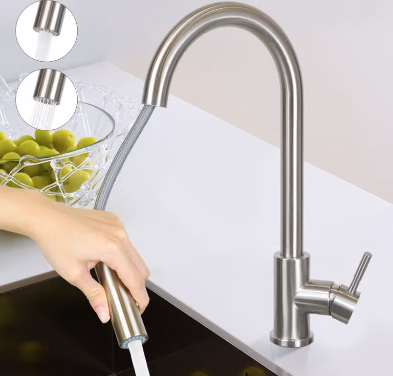 Rubinetto da cucina ZMH in nichel Miscelatore per lavello estraibile con miscelatore per doccia rubinetto girevole a 360° in acciaio inox con 2 tipi di spruzzo