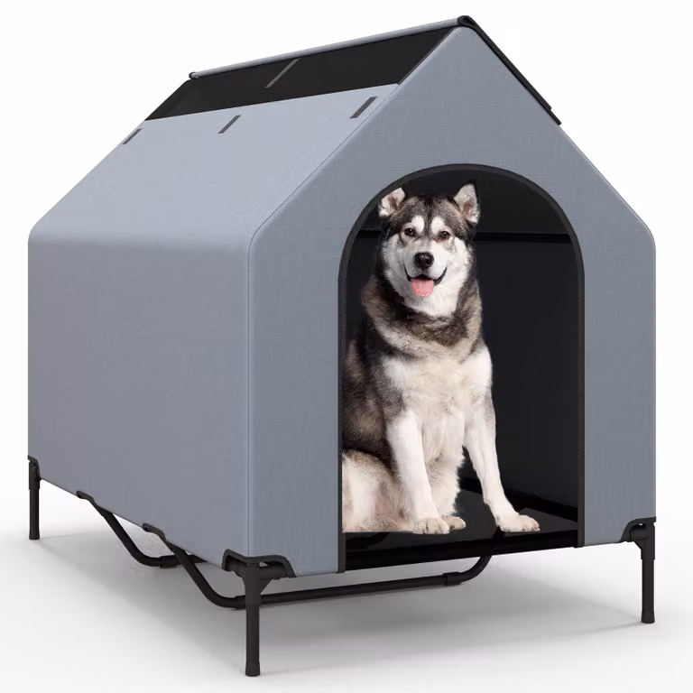 COSTWAY Cuccia per cani 2in1 e cuccia rialzata, casetta per animali con rete traspirante e copertura rimovibile, per cani di taglia grande 84x132x114cm