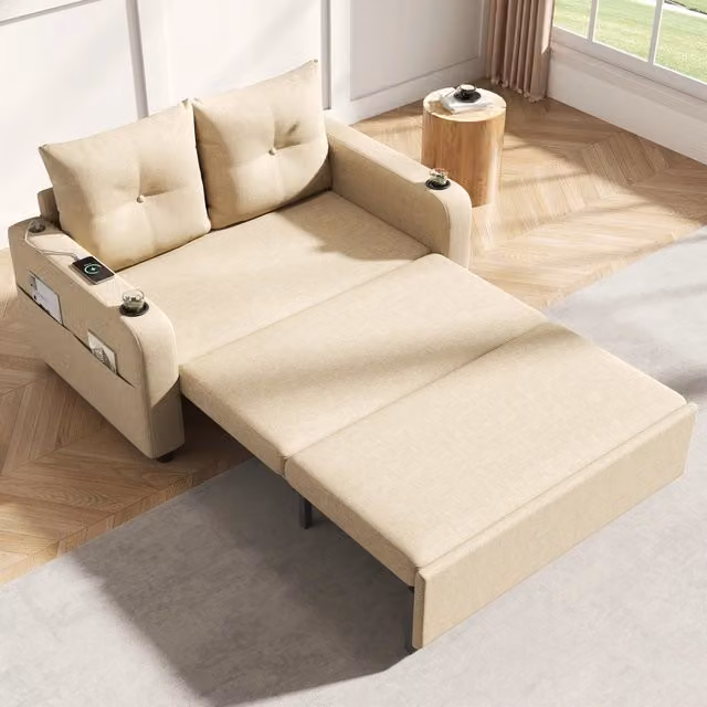 Divano letto 3 in 1 Mivray beige in tessuto con porta USB Type C, portabevande, tasche e 2 cuscini – 1