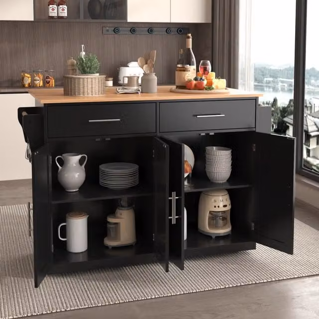 Carrello da cucina WISHDOR con piano ribaltabile e ruote, nero e naturale, L/P/H: 120 x 46 x 91,5 cm