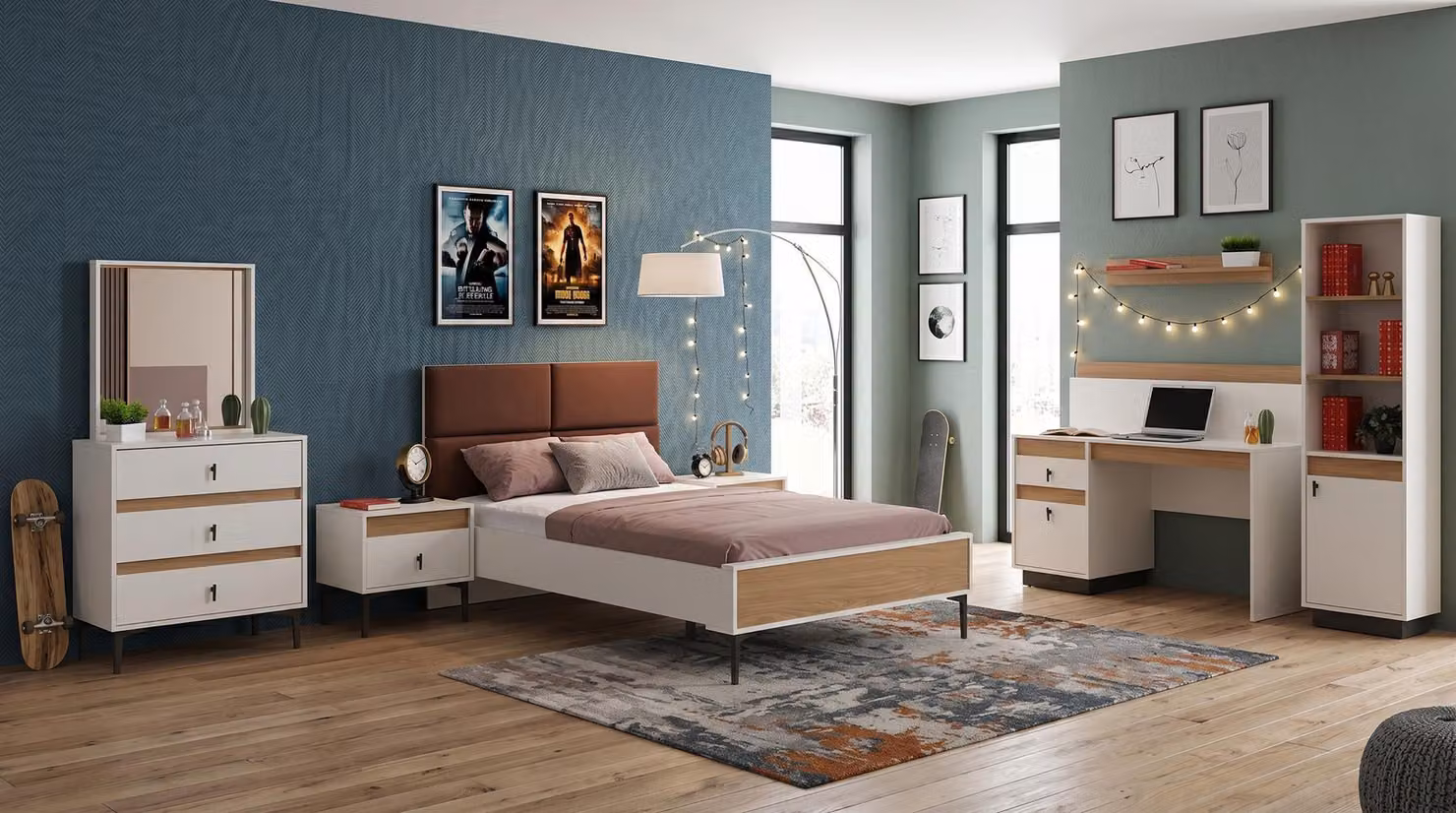 Camera da letto per adolescenti, stile moderno: letto, comodino, cassettiera, scrivania, libreria
