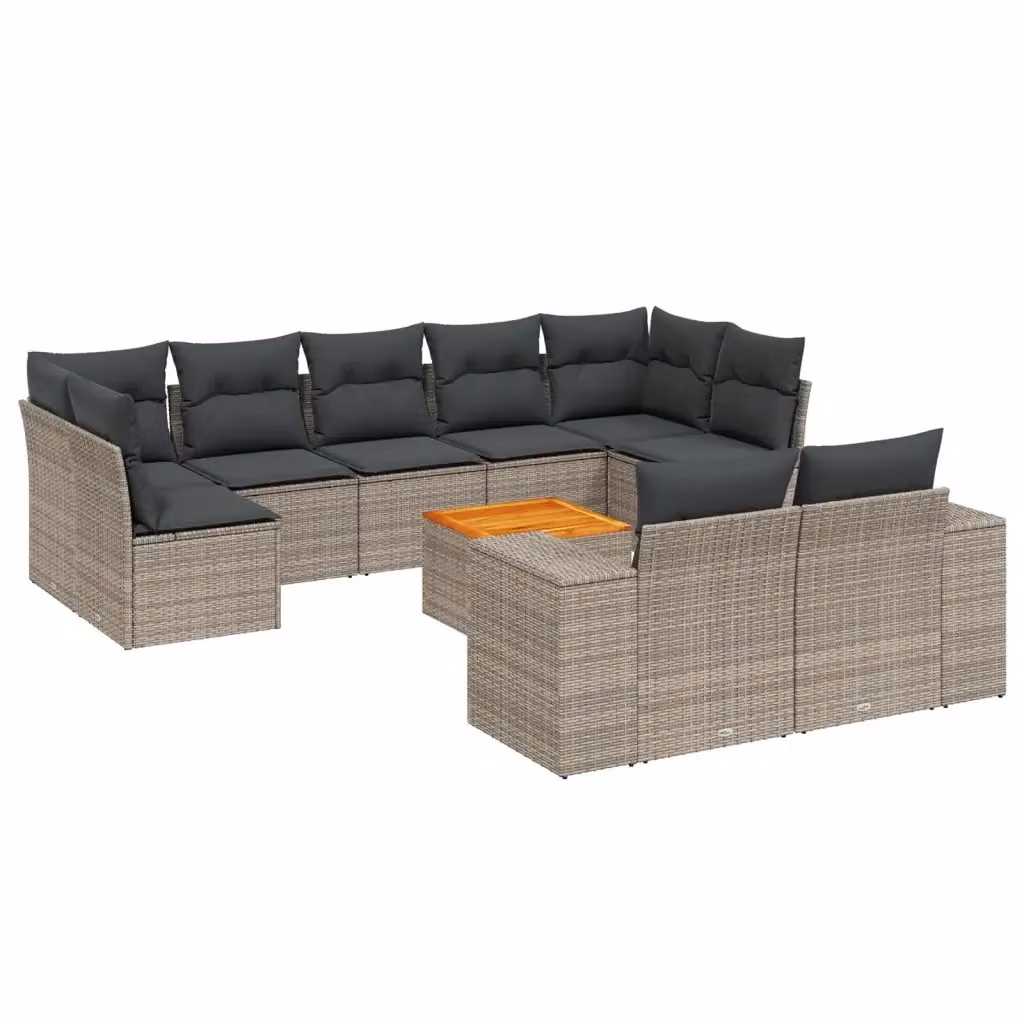 vidaXL Set Divano da Giardino 10 pz a Forma a L in Polyrattan Grigio con Cuscini e Tavolino – 2