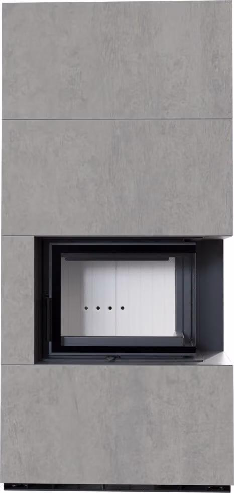 Kit caminetto KRATKI FLOKI BOX destro 8 kW Ø 160 sinterizzato al quarzo CEMENTO GRIGIO BOCCIARDATA con porta a molla