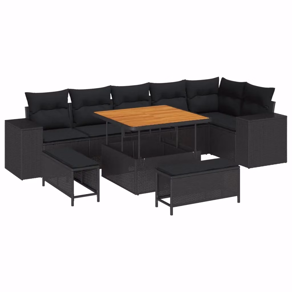 Set Divano da Giardino vidaXL 9 Pezzi Nero con Cuscini e Tavolino da Moderno in Polyrattan e Acciaio – 2