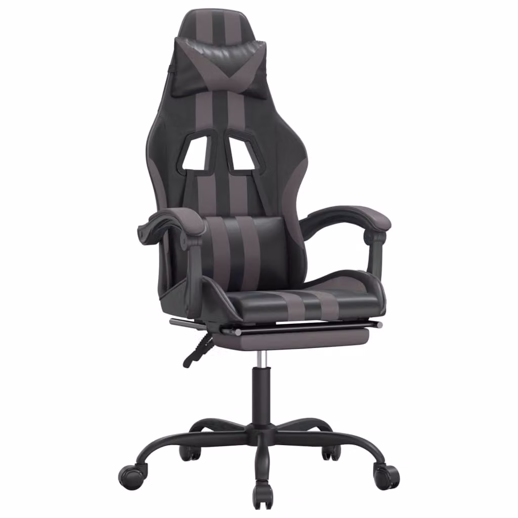 Sedia da Gaming con Poggiapiedi Nero e Grigio in Pelle finta