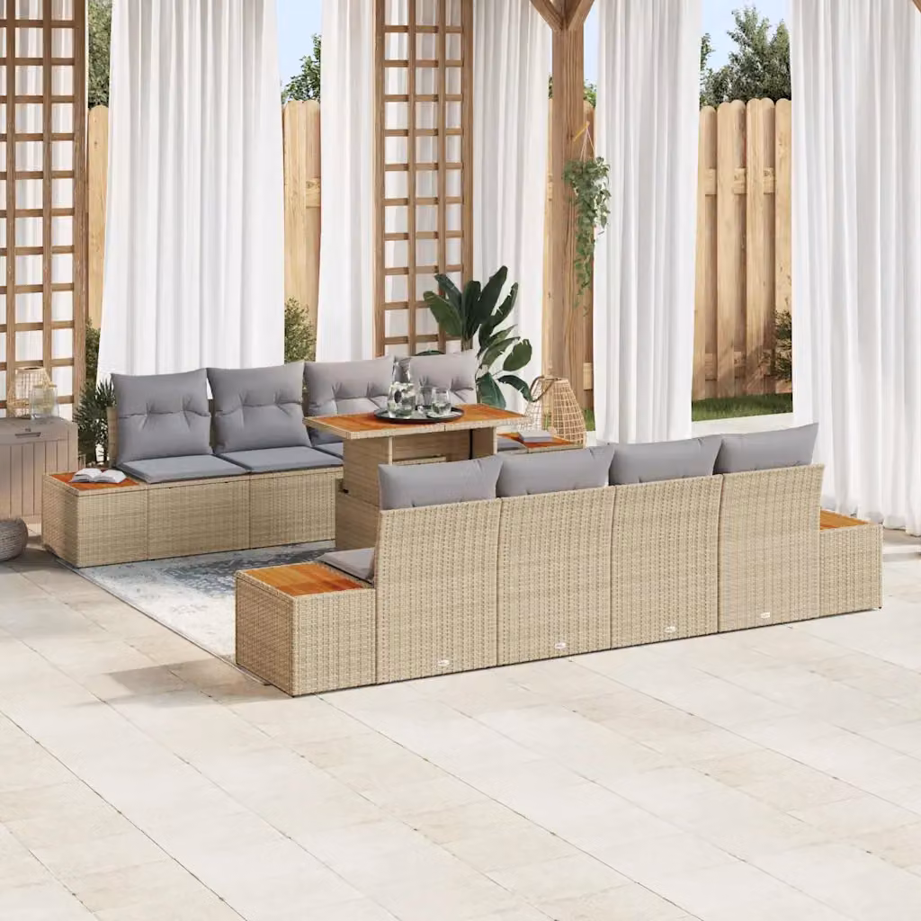 Set da pranzo da giardino moderno vidaXL in legno di acacia con rattan e cuscini beige e grigio, 9 pezzi