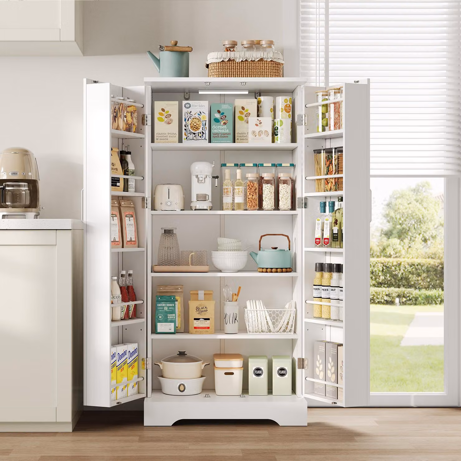 Armadio da cucina Flieks con luce a sensore LED, mobile alto da bagno con anta e ripiani regolabili in altezza, 60x35x128cm, bianco