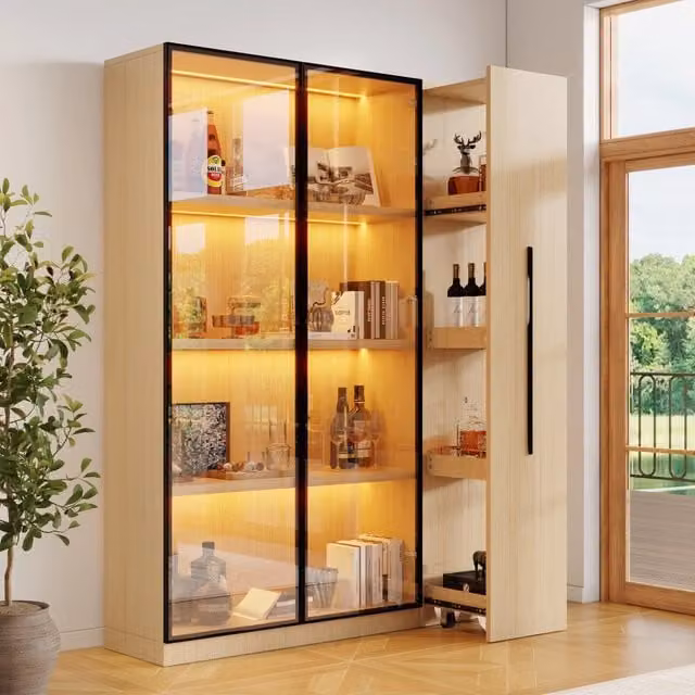 Vetrina con illuminazione LED calda in MDF effetto rovere; libreria con anta in vetro; 110;5 × 35 × 160 cm