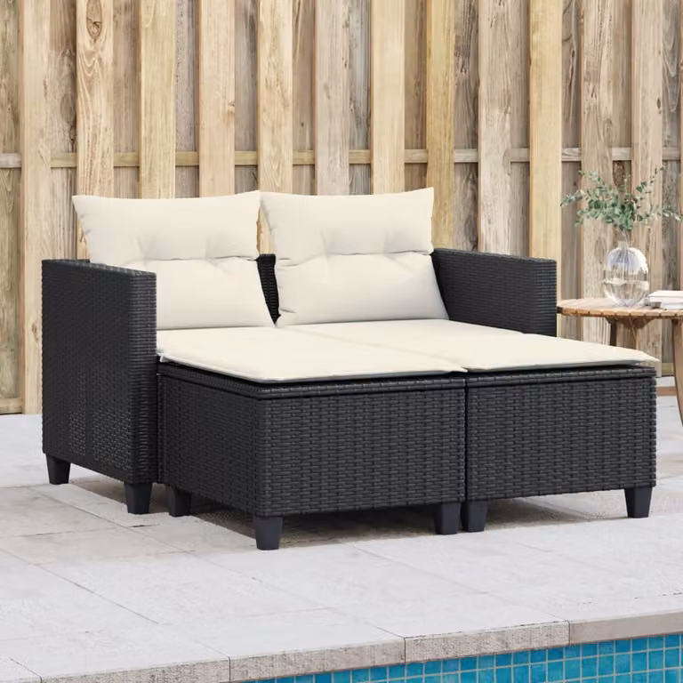 Set da giardino moderno vidaXL composto da divano a 2 posti con cuscini e sgabello in polyrattan nero e bianco