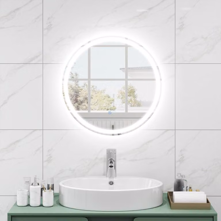 Specchio da bagno a LED, rotondo, diametro 60 cm, con funzione di regolazione dell'intensità luminosa, interruttore touch e sistema antiappannamento